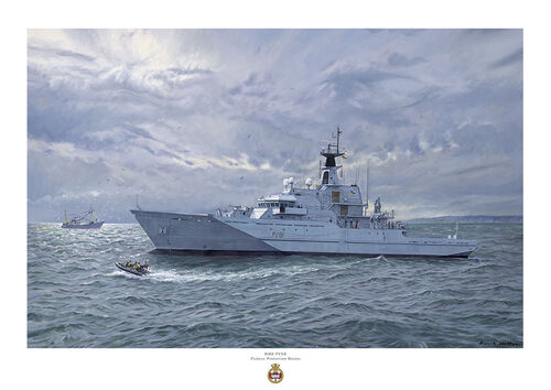 HMS Tyne in a heavy swell sending Gemini craft to investigate fishing boat as light breaks through a cloudy sky.