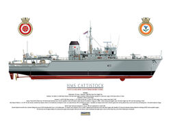 HMS Cattistock side drawing showing rudders and propellers and ship's crest.