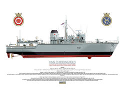 HMS Chiddingfold full starboard side hull view with ship's details and crest.