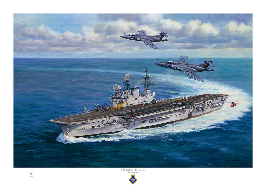 HMS Eagle turning to starboard with two Buccaneer jet aircraft flying over.