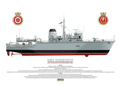 HMS Hurworth starboard side profile with MCM2 crest and ship's particulars.