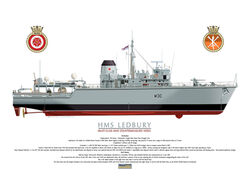 HMS Ledbury full starboard profile with Ship's crest.