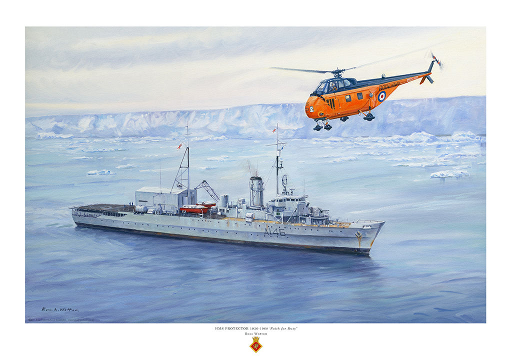 HMS Protector in icy waters with ice shelf behind and Wessex Whirlwind airborne.