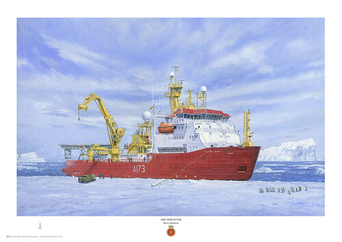 HMS Protector alongside Ice pack with men and equipment deployed, and penguins approaching.