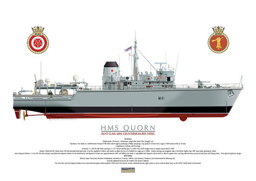 HMS Quorn colour starboard view with MCM2 and ship's crest.