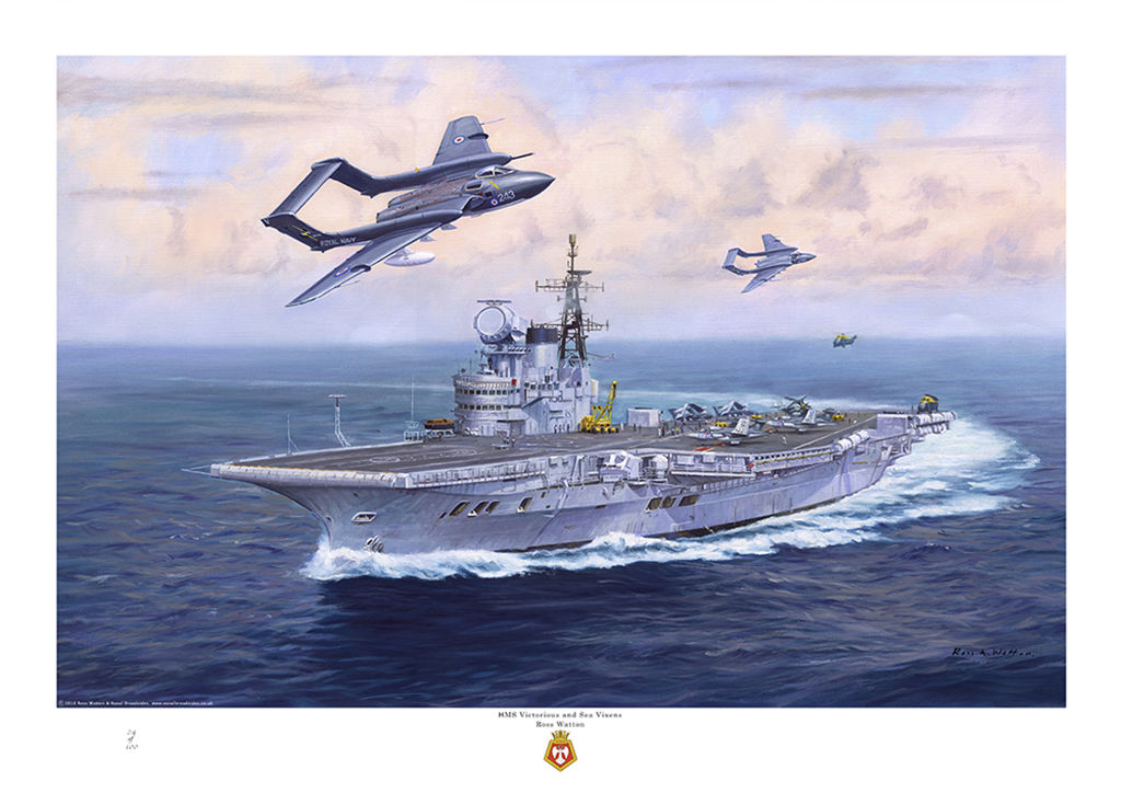 HMS Victorious turning at speed with Sea Vixen aircraft flying over.