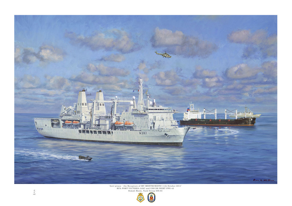 RFA Fort Victoria carrying out anti-piracy action with the USS De Wert, releasing captives from the MV Montecristo in October 2011.