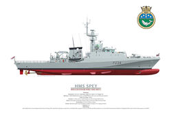 HMS Spey starboard side illustration showing the ship's equipment in colour.