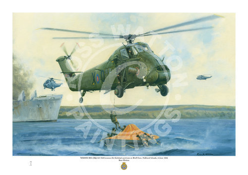 Westland Wessex HU.5 saving survivors in a life-raft, from RFA Sir Galahad at Bluffs Cove Falklands Islands.