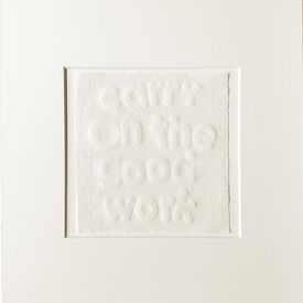 white image of letters imprinted on kitchen roll, about mother artists in lockdown