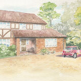 House portrait: modern detached house with garden houseportrait_sally barton_watercolourillustration_detachedhouse