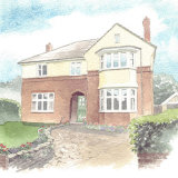 House Portrait: 1930's house in Bournemouth, with pet cat. A4 commissionahouseportrait_sallybarton_watercolourportrait_1930shouse