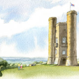 Watercolour portrait of Broadway Tower, to feature couple in mid ground. SallyBarton_houseportraits_watercolour_BroadwayTower