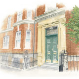 House Portrait: Mansion flat in West London. A4 HousePortrait_SallyBarton_WatercolourArtist_LondonMansionBlock
