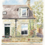 House portrait: Stone cottage in Scotland. A4 houseportrait_watercolour_sallybarton_Scottishstonecottage