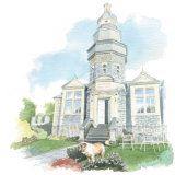 House portrait: Converted public baths in Wales, with pet dog. A4 commissionahouseportrait_sallybarton_oldbathhouse_watercolour