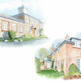 House Portrait Montage: Two estate properties. A4 HousePortrait_watercolour_SallyBarton_EstateHouses