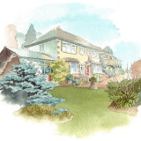 House portrait: Elham House with garden view. A4 commission a house portrait_portrait in watercolour_sallybarton_1950s