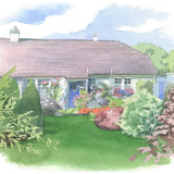 House portrait: single storey house and garden in Cumbria. A5 commissionahouseportrait_sallybarton_watercolourportrait_gardenportrait