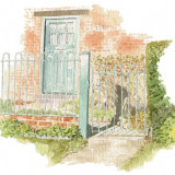 House portrait: Cottage door & gate. A4 commissionahouseportrait_cottage_sallybarton_CottageGate_OxfordshireVillage