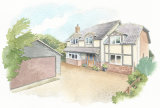 House portrait of new build, commissioned for anniversary gift. A4 commissionahouseportrait_watercolourportrait_sallybarton