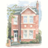 Portrait of house in Teddington, featuring owner's two Bassett Hounds. A3 commissionahouseportrait_portraitinwatercolour_sallybarton_Teddington
