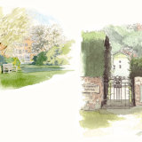 Two vignette portraits: Block of flats. Gate to village house. Each A5 commissionahouseportrait_watercolour _portrait_WoodstockClose_sallybarton