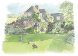 House portrait: Berkshire cottage, with ducks. A4 commissionahouseportrait_sallybarton_commissionawatercolour_cottagegarden