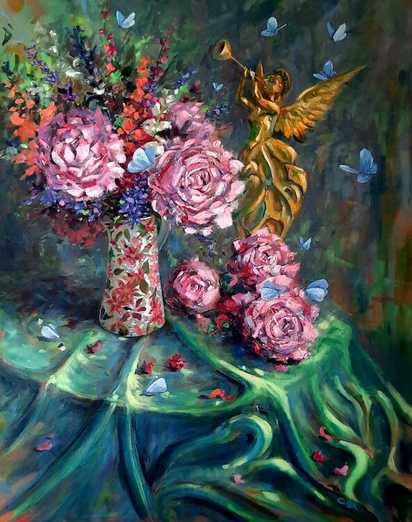 Celebration of Spring with Holly Blue. Oil on canvas 30" x 24" £1995