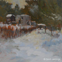 December snow on the allotments (currently on exhibition at Stamford Arts Centre priced £185 framed)