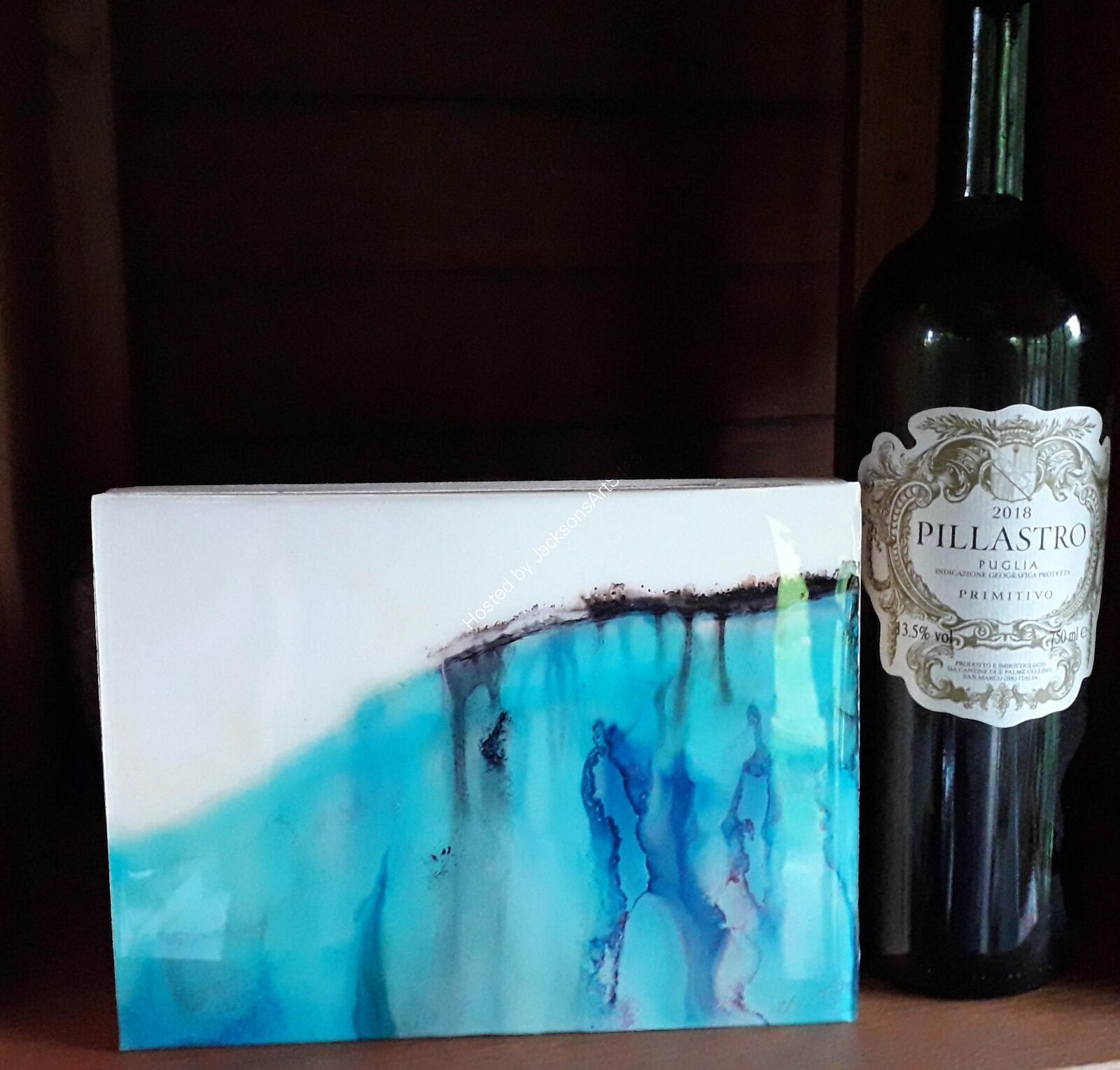 Blue Landscape with wine bottle