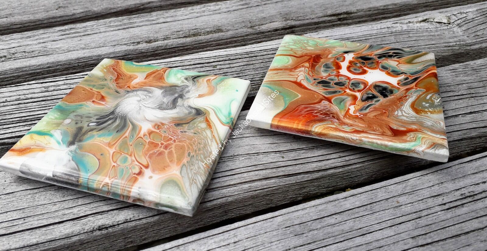 Two Copper, Green, Black & White Coasters