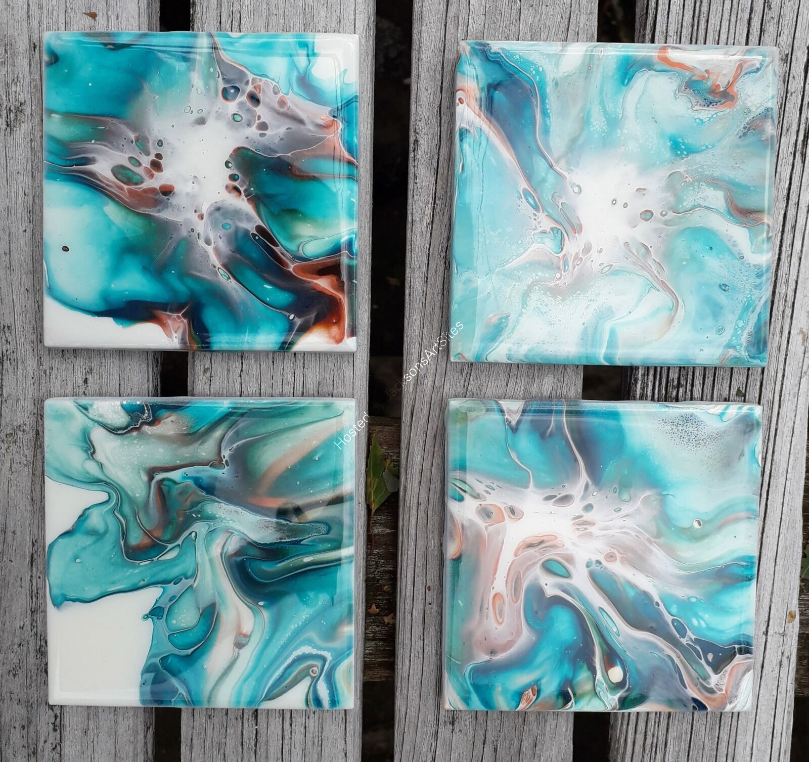 Set of four Coasters - Green, Copper & White
