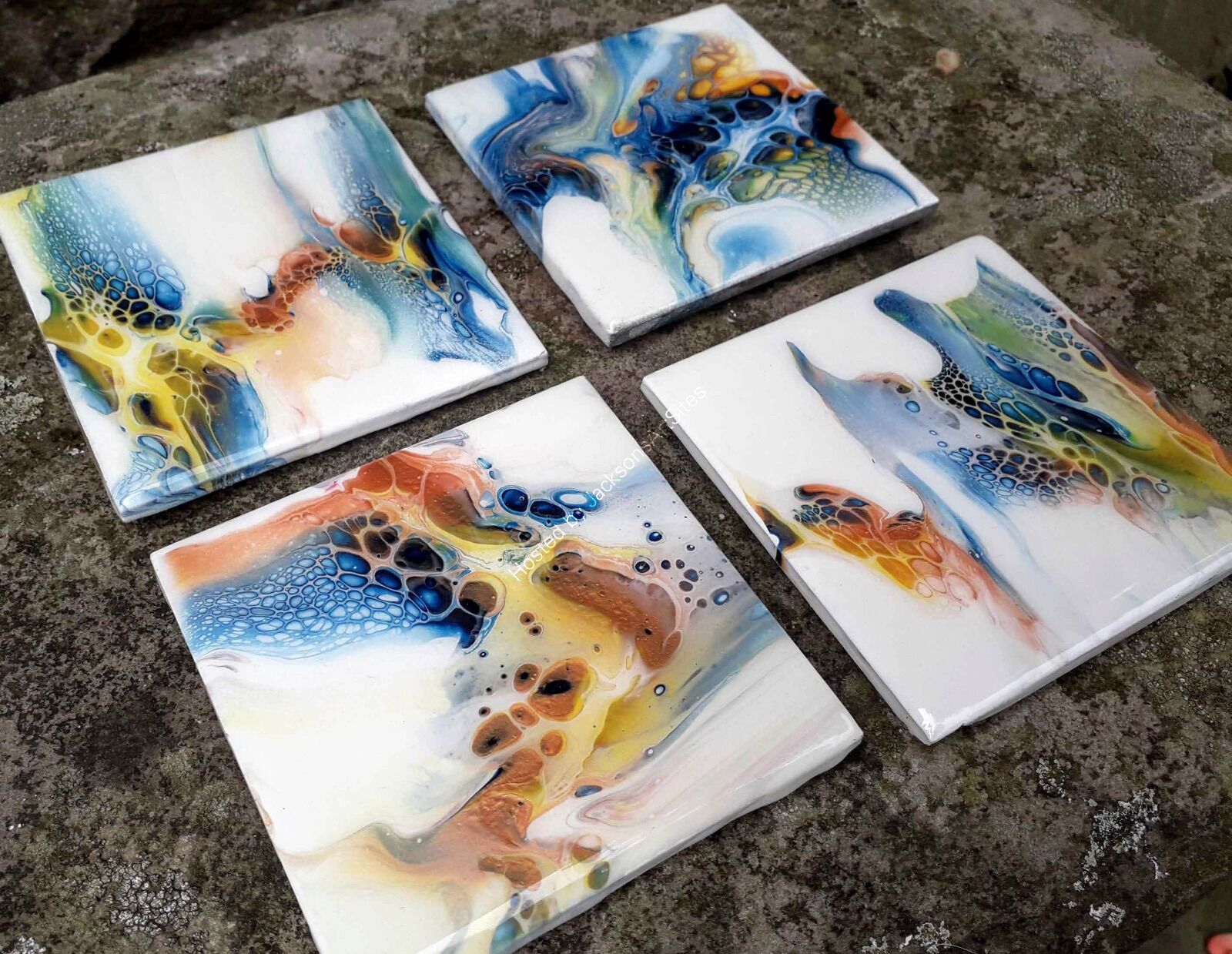 Set of Four Coasters - Blue, Bronze, Yellow and White