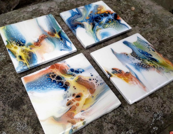 Set of Four Coasters - Blue, Bronze, Yellow and White