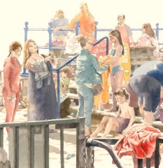 Detail from 'On Margate Sands' sallybarton_watercolour_Margate_Seaside_holidays_Light&Dark_figurative