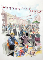 Watercolour sketch of Jubilee street party 2022 watercolour illustration_sally barton_PlatinumJubilee_StreetParty_sketch