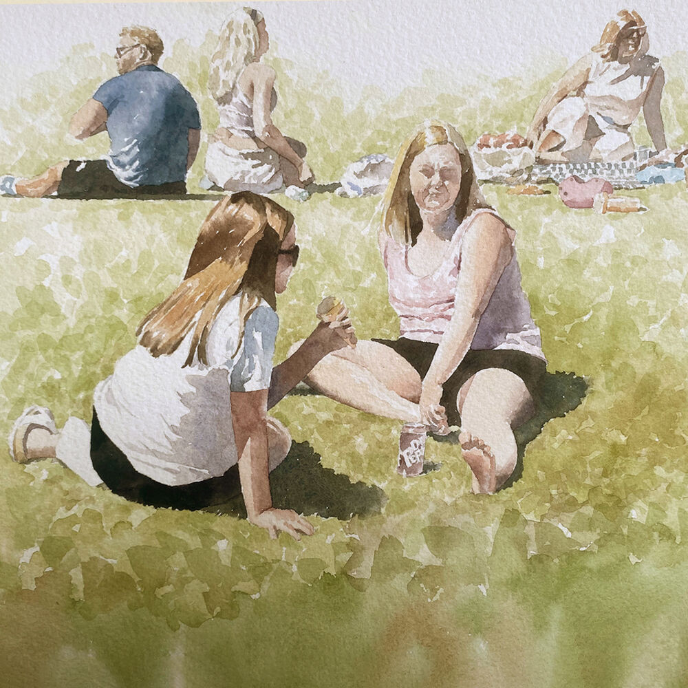 watercolour_SallyBarton_light&shade_park_figures_heatwave_Kent