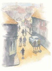 Watercolour sketch - Farmers' Market day Watercolour_SallyBarton_FarmersMarket_StreetView