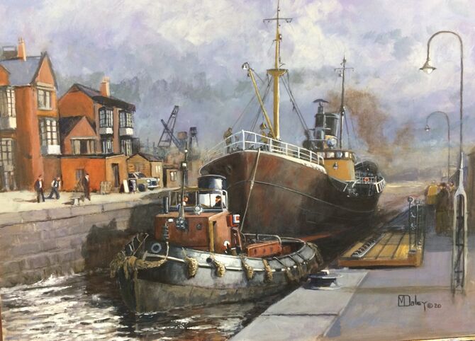 steam tugs steam trawlers Hull docks marine art acrylic painting