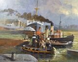 Crowded Dock River Thames, tug, coaster, Marine Painting, Acrylic painting , seascape