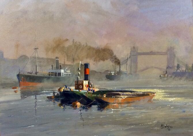 River Thames, tug, coaster, Marine Painting, Acrylic painting , seascape