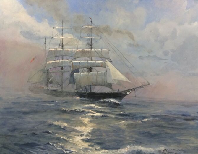 Marine art. Acrylic painting. Seascapes sailing ships Barque