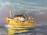 "Seniority Clearing a Fog Bank" limited prints available Everard and Sons Grain motor vessel. Hull painted yellow and known as a Yellow Peril. Merchant Navy, London river Oil painting