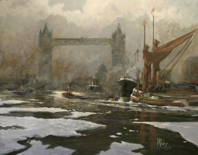 SOLD Fog and Ice on the Thames - at Cotswold Galleries Stow on the Wold