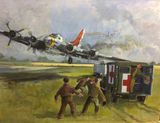 A Wing and a Prayer B17G Flying Fortress attempting to land and very badly damaged.