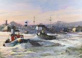 Hustle and Bustle! At Cotswold Galleries Stow on the Wold Marine Art Acrylic Painting Tugs Seascape