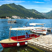 4146-Perast view St George Benedictine Monastery jetty boats