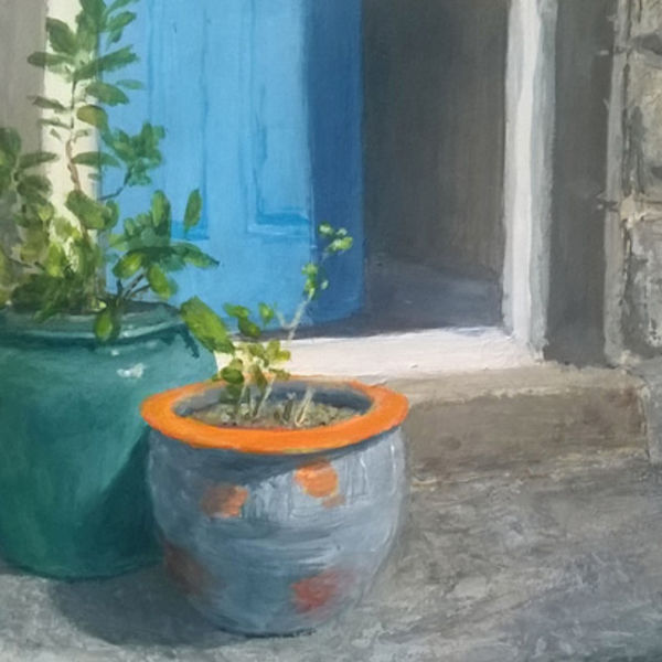 Pots on the Front Step; acrylic on paper FS
