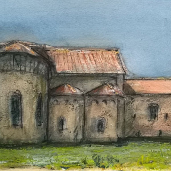 l'Abbaye de Flaran; watercolour, charcoal, pastel; 30 x 17 FS